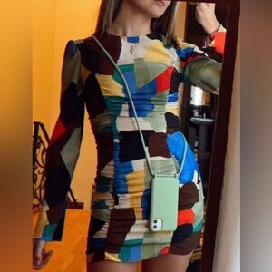 NWT ZARA Women’s Abstract Print Ruched Draped Long Sleeve Mini Dress - Size S